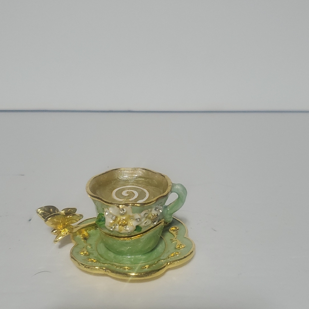 Green and Gold Teacup Trinket Box With Butterfly Spoon Accent - Picture 1 of 8